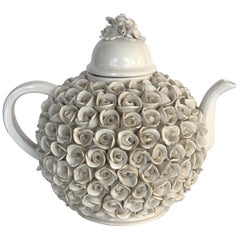 Large Italian Creamware or White Glazed Teapot with Lid Rosettes