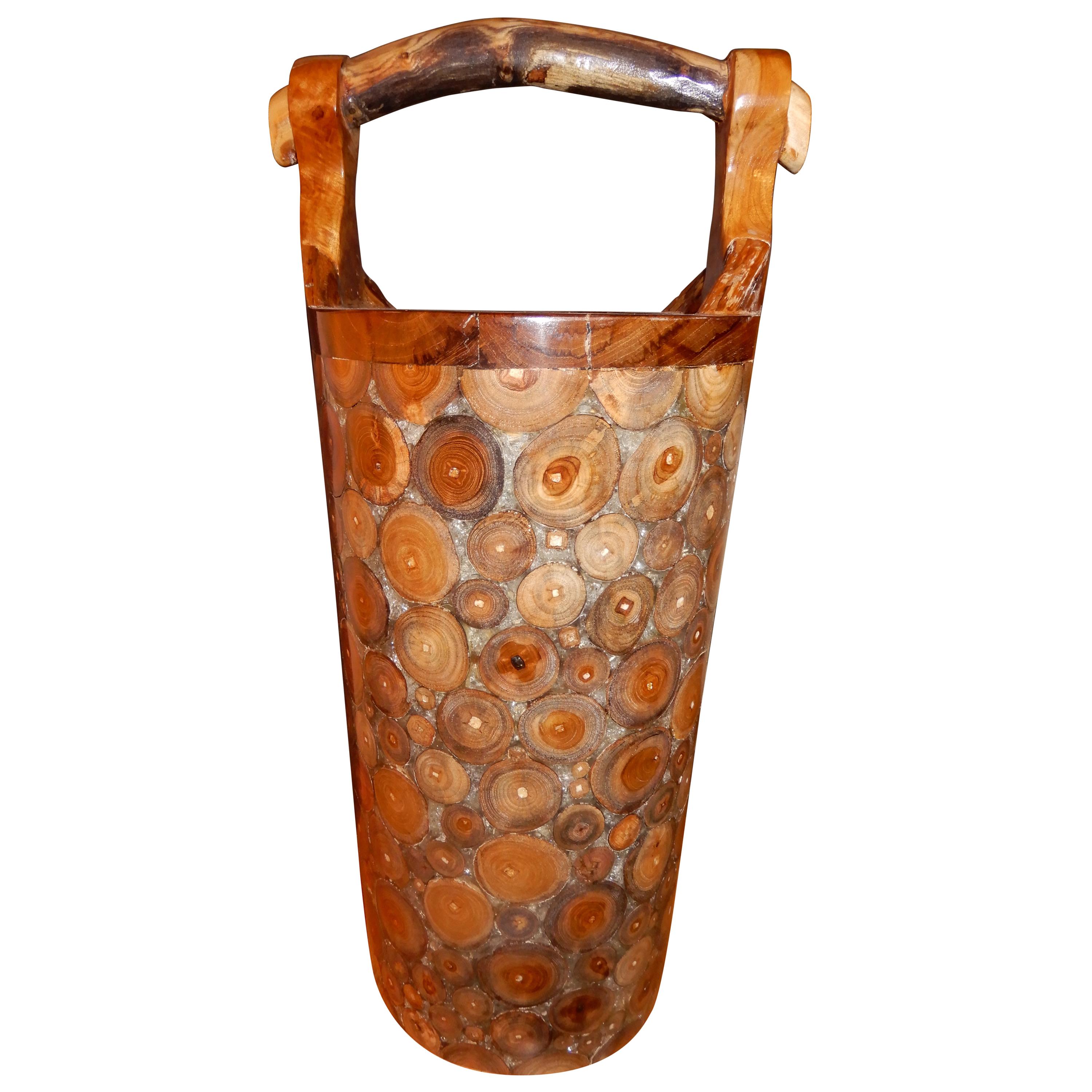Exotic Woods Set in Crystallized Lucite Umbrella Stand or Floral Display Stand