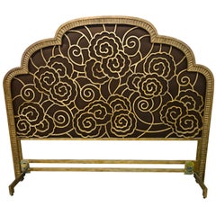 Glamorous Art Deco Style Gilt Iron and Umber Silk Headboard