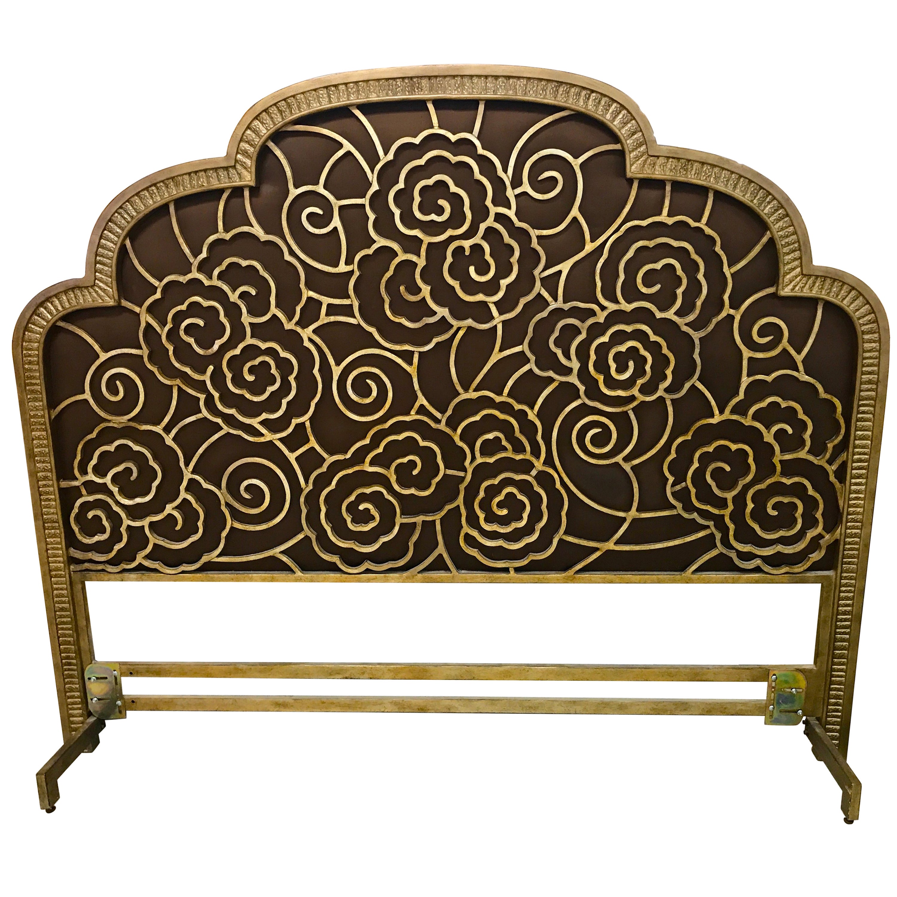 Glamorous Art Deco Style Gilt Iron And Umber Silk Headboard At 1stdibs