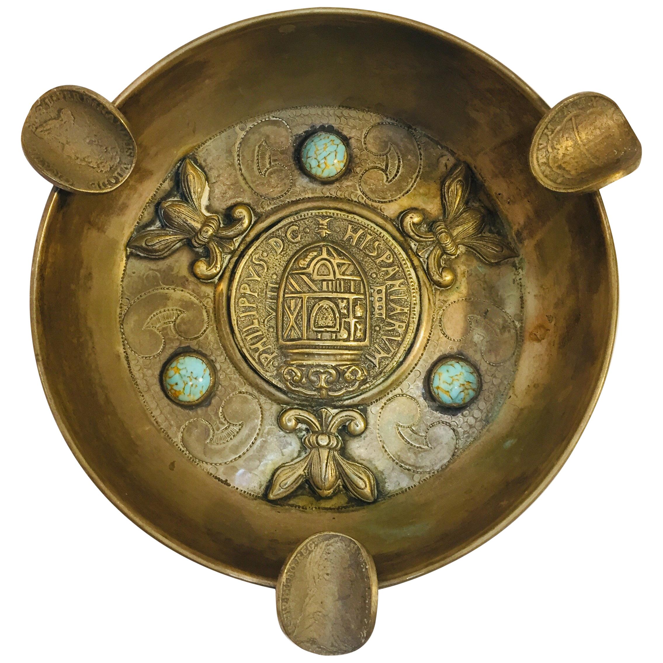 Alpaca, Spanish Colonial Coin Cigars Ashtray with Turquoise Cabochons