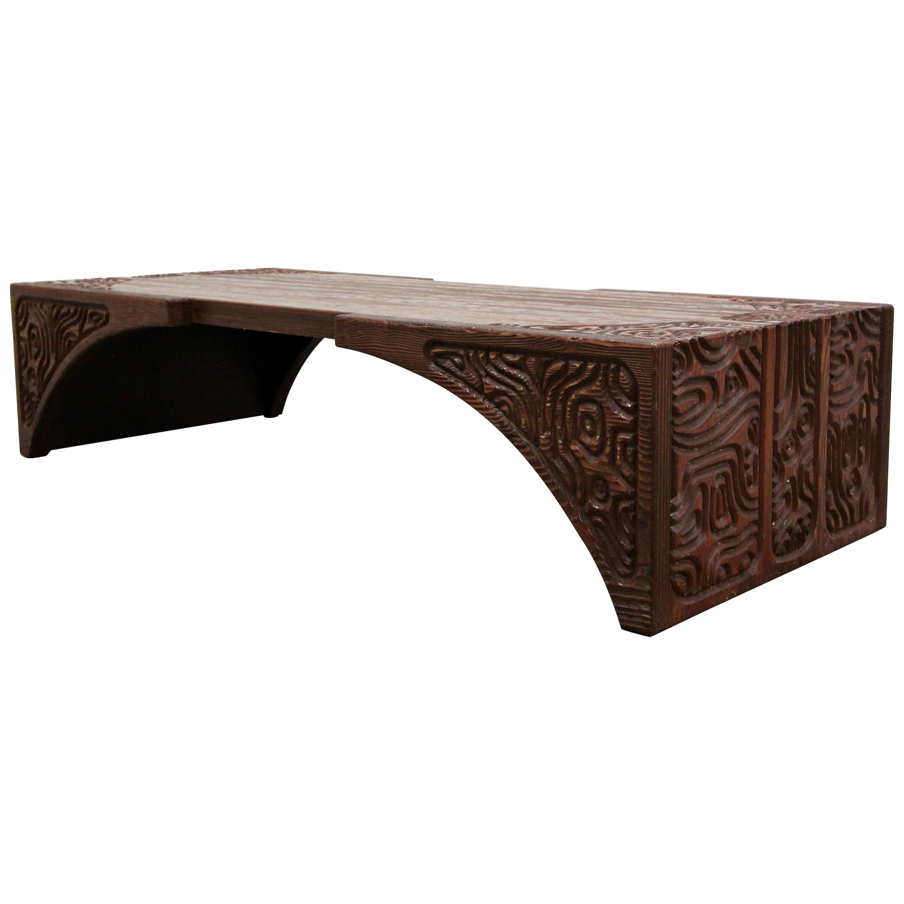 Midcentury Panelcarve Style Carved Wood Coffee Table by Sherrill Broudy