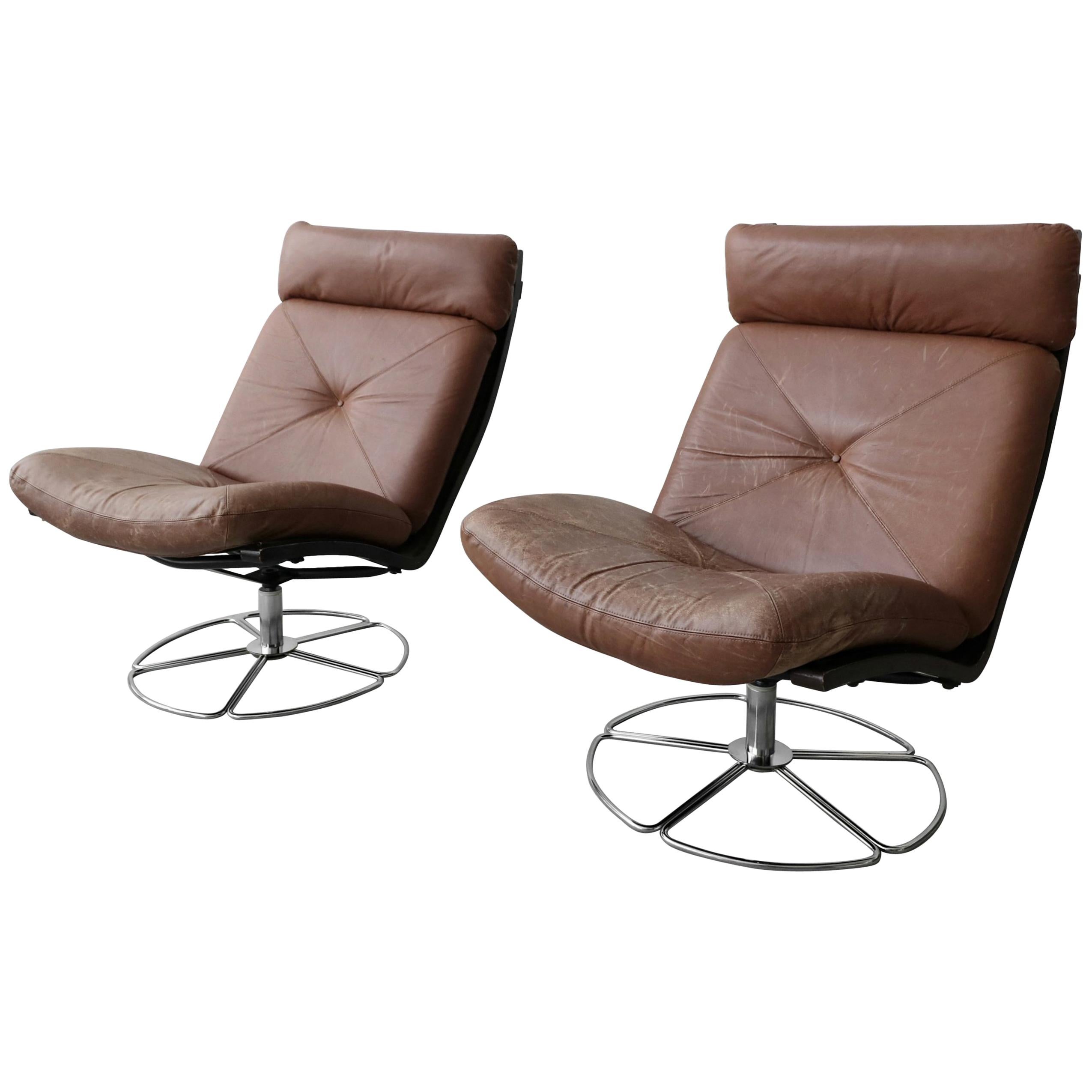 Pair of Midcentury Leather and Chrome Armless Swivel Danish Style Lounge Chairs