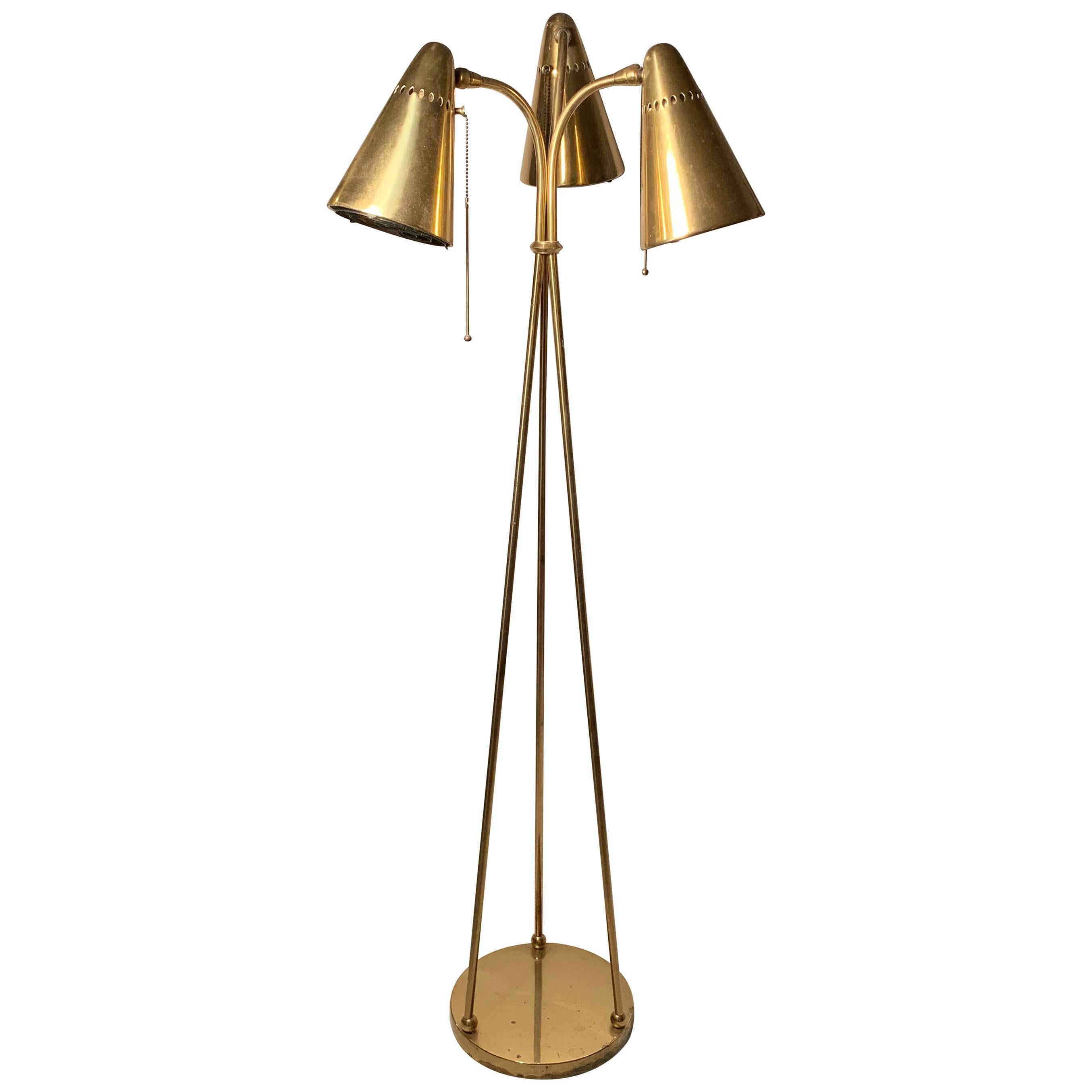 Vintage Midcentury Brass Tri Floor Lamp For Sale