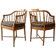 Pair of Vintage Bamboo Regency Chippendale Chinoiserie Style Side Accent Chairs