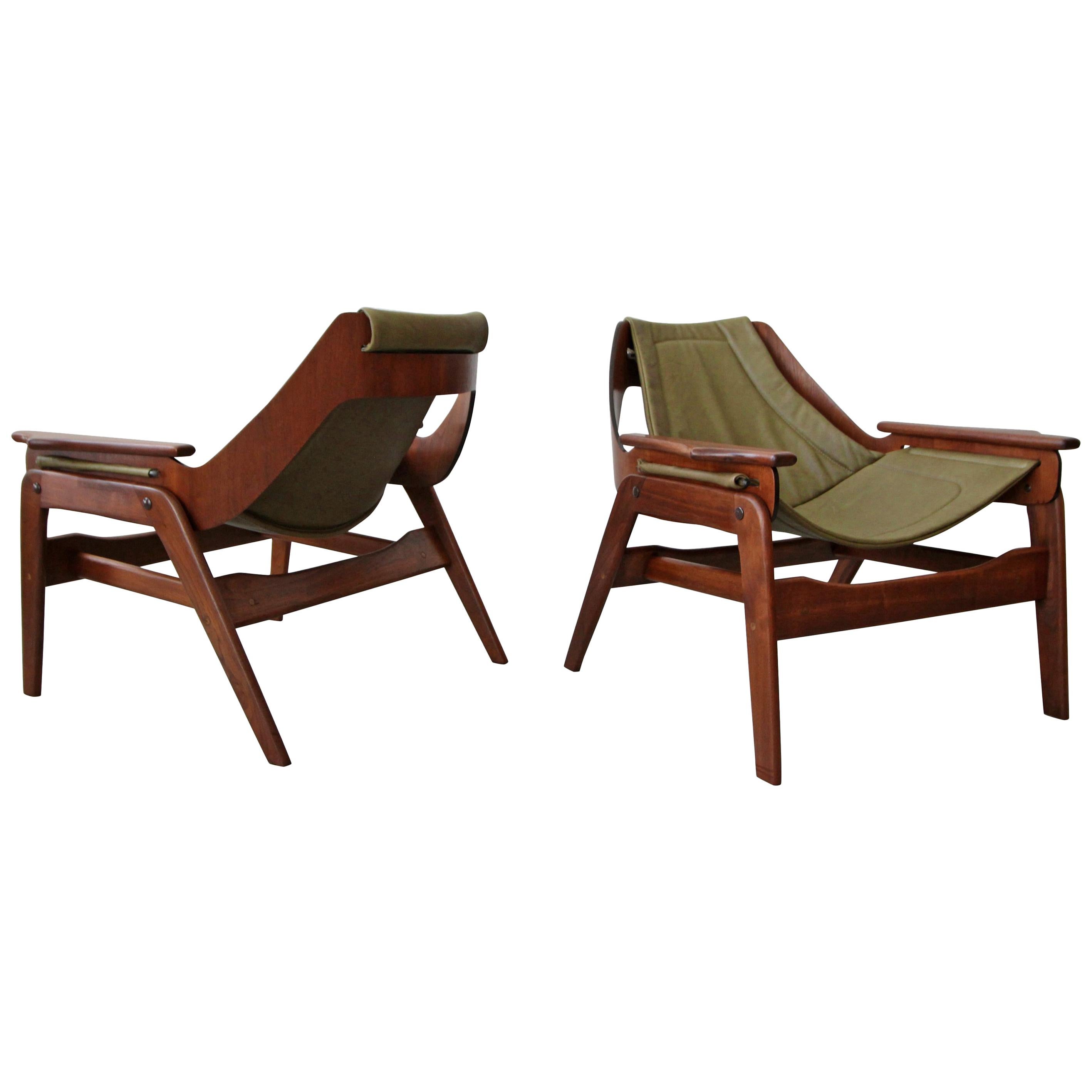 Pair of Midcentury Leather and Walnut Sling Chairs by Jerry Johnson
