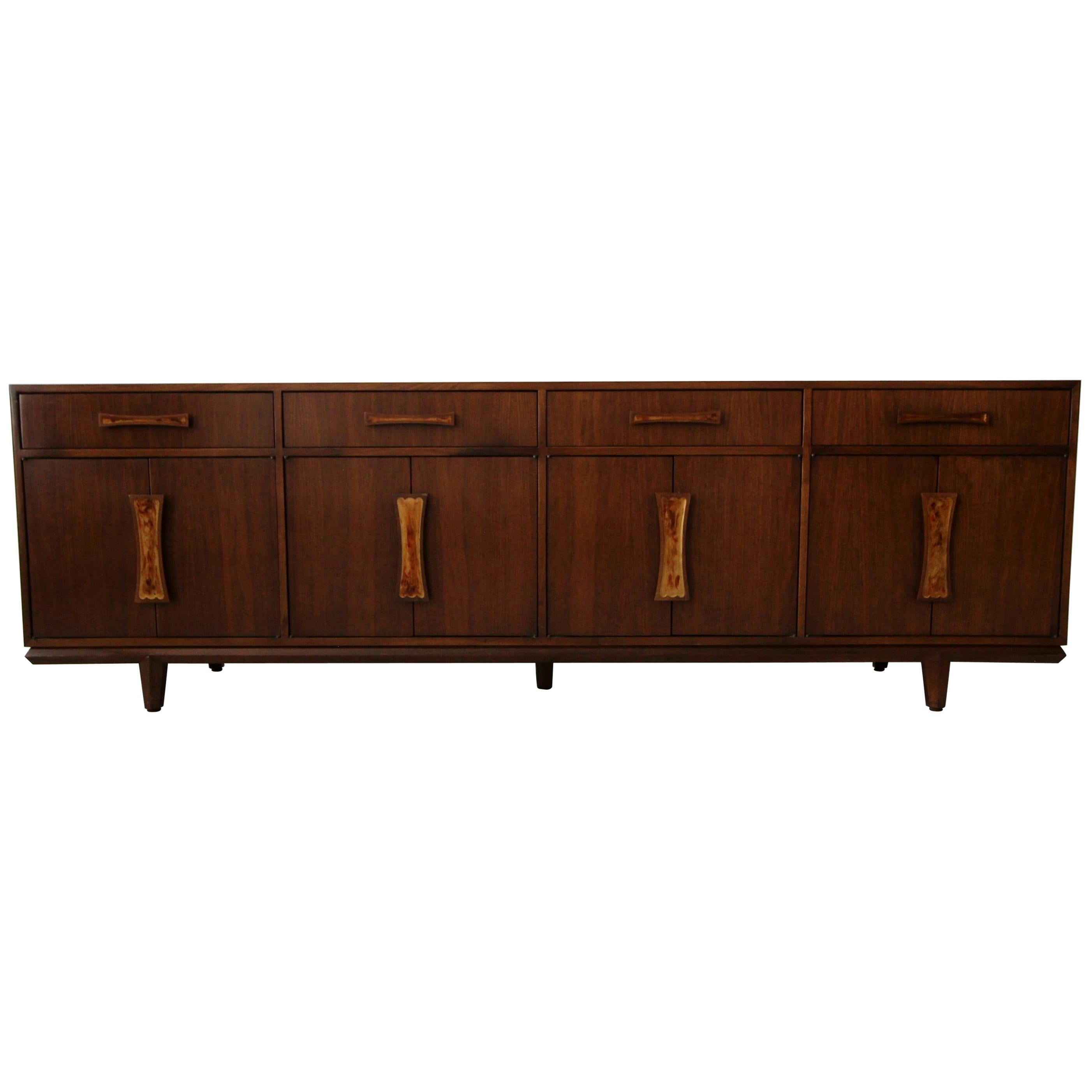 Monumental Midcentury Walnut Credenza with Inlay Handles by Cal Mode Furniture