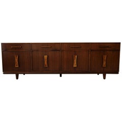 Monumental Midcentury Walnut Credenza with Inlay Handles by Cal Mode Furniture