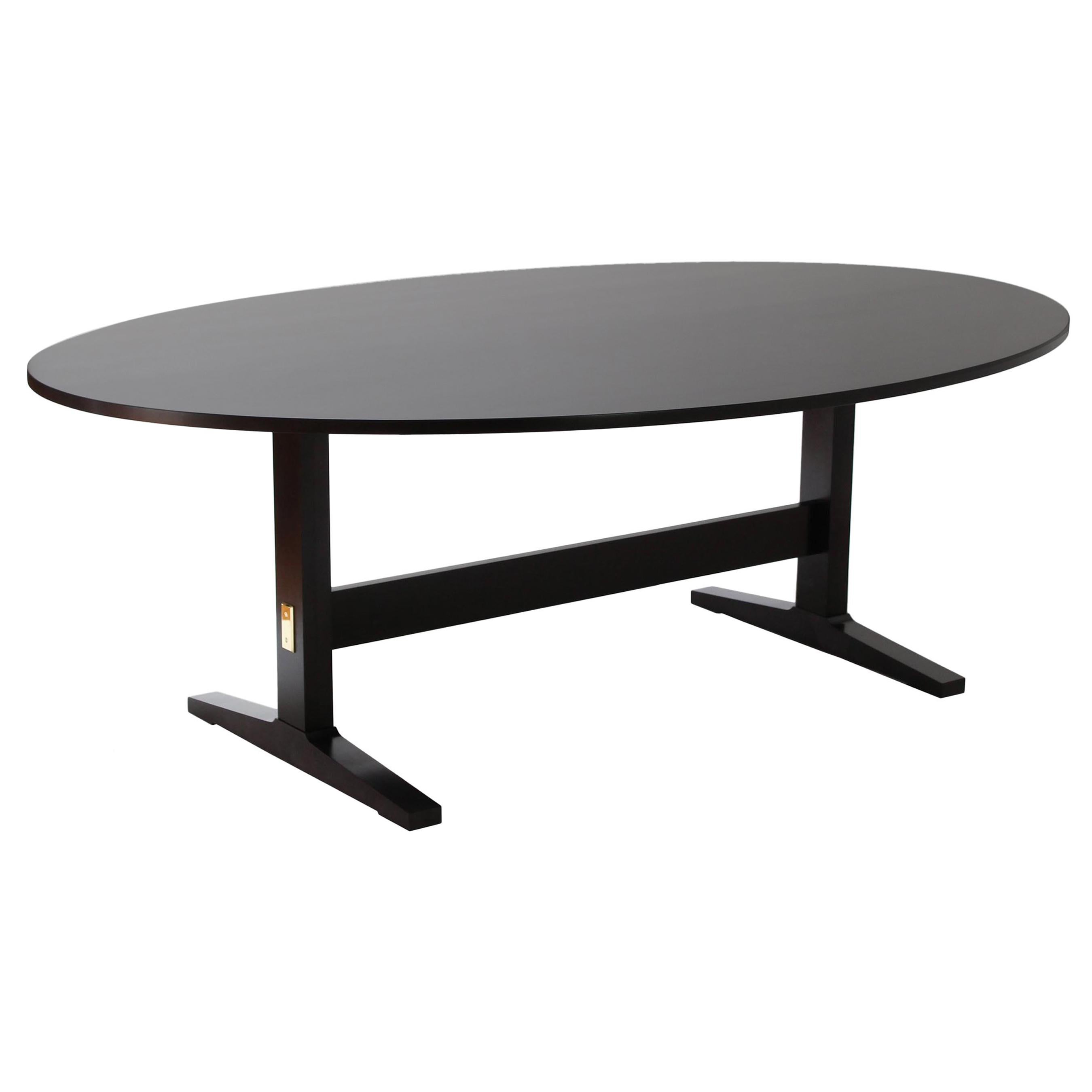 Oval Acre Trestle Table, Contemporary Oval Table in Ebony Stain on Maple Wood For Sale