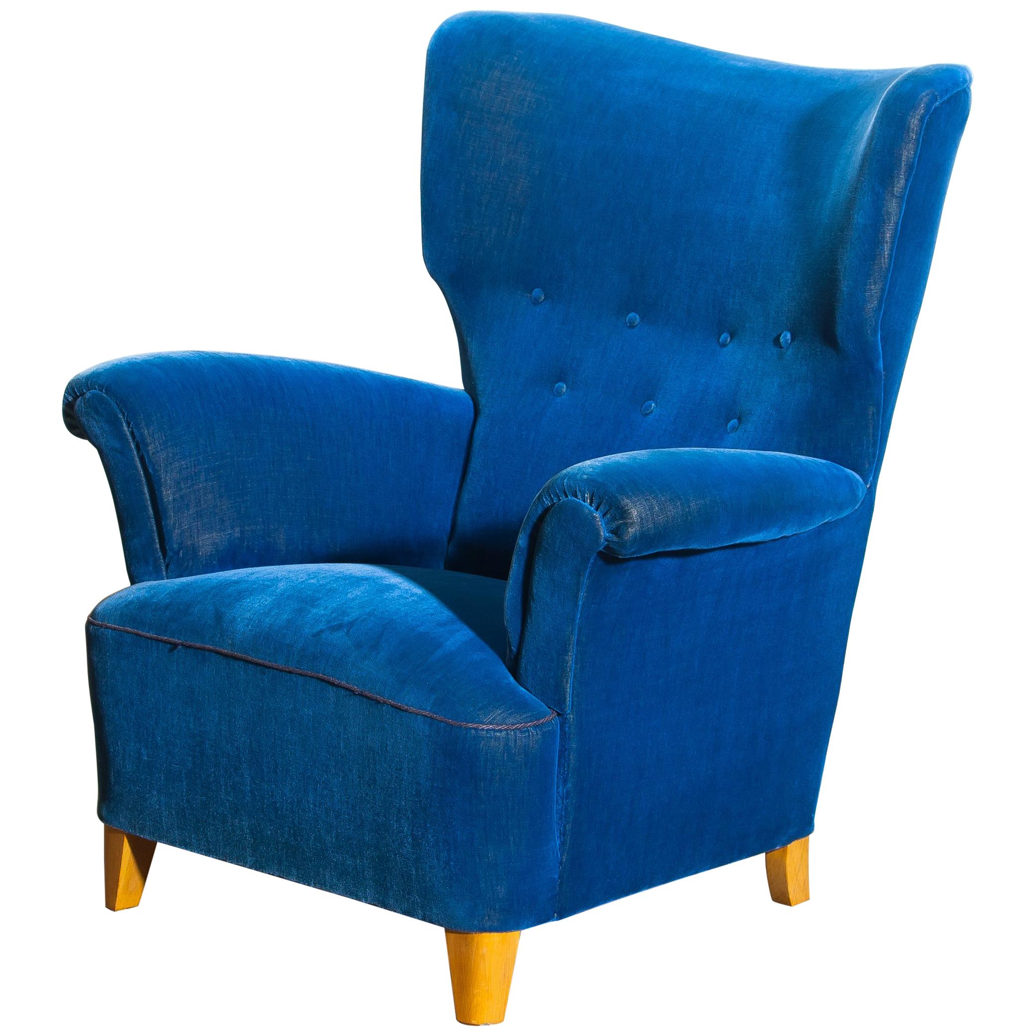 Scandinavian Royal Blue Velvet Wingback Chair, 1930-1940