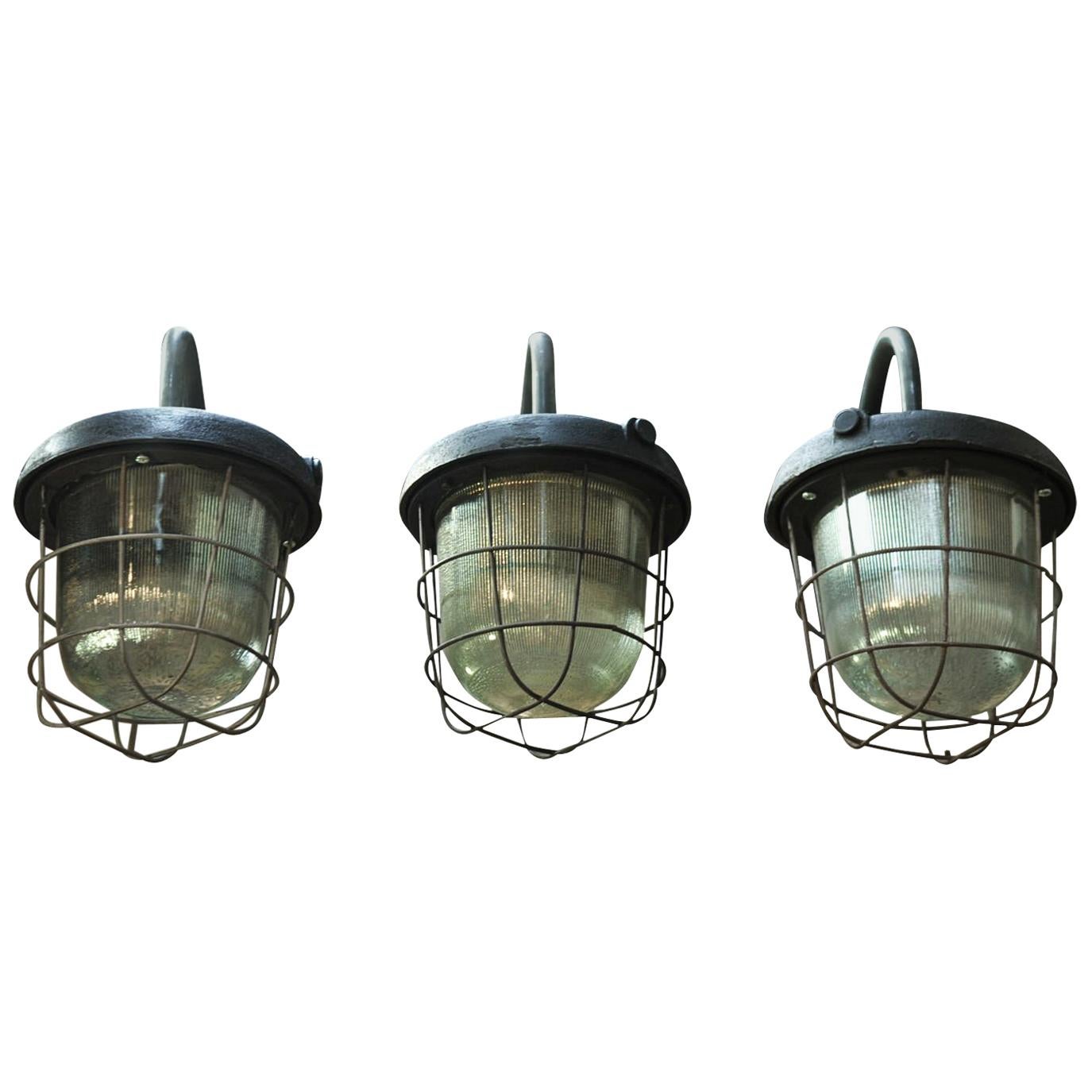 Industrial Lanterns Iron and Glass Street Wall Lights Sconces, 1920s For Sale