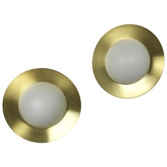 Set of 2 Round Metal Opaline Glass Wall Light Sconces, Brass Tone, Italy, 1960s