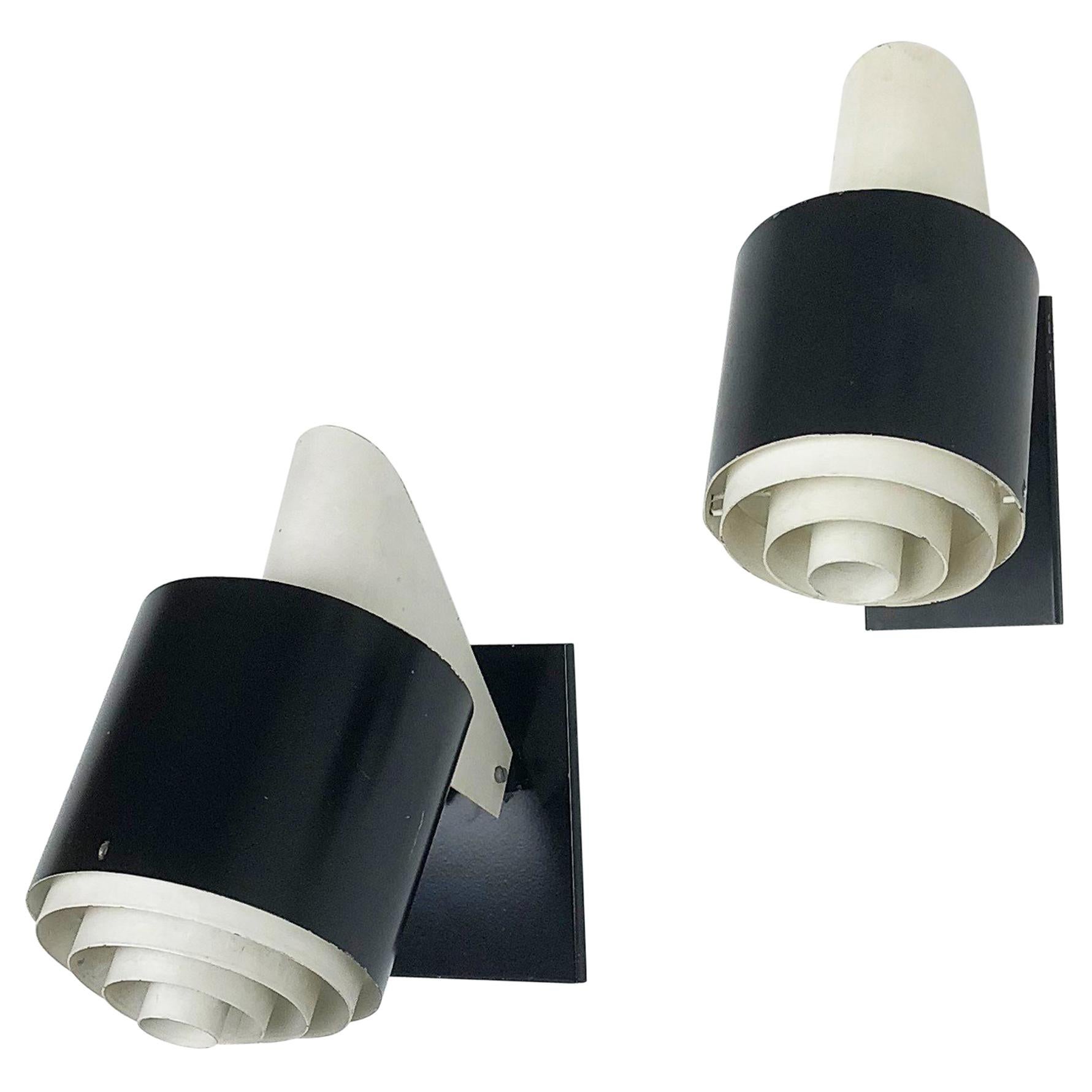 Set of 2 Metal Sconces Wall Light "Black & White" Series, Novalux France, 1960s