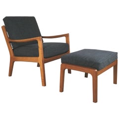 Ole Wanscher 1960s Teak Lounge Chair with Matching Ottoman, Grey Upholstery