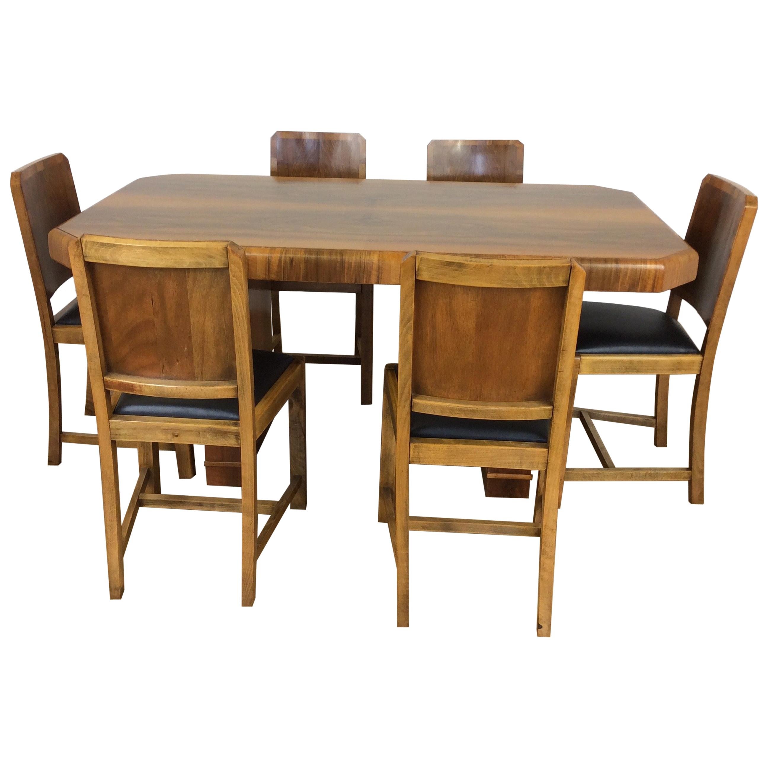 Art Deco Walnut Dining Table and Six Chairs