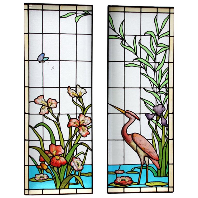 Ecole de Nancy Art Nouveau Stained Leaded Glass Window Panels Heron France 1900