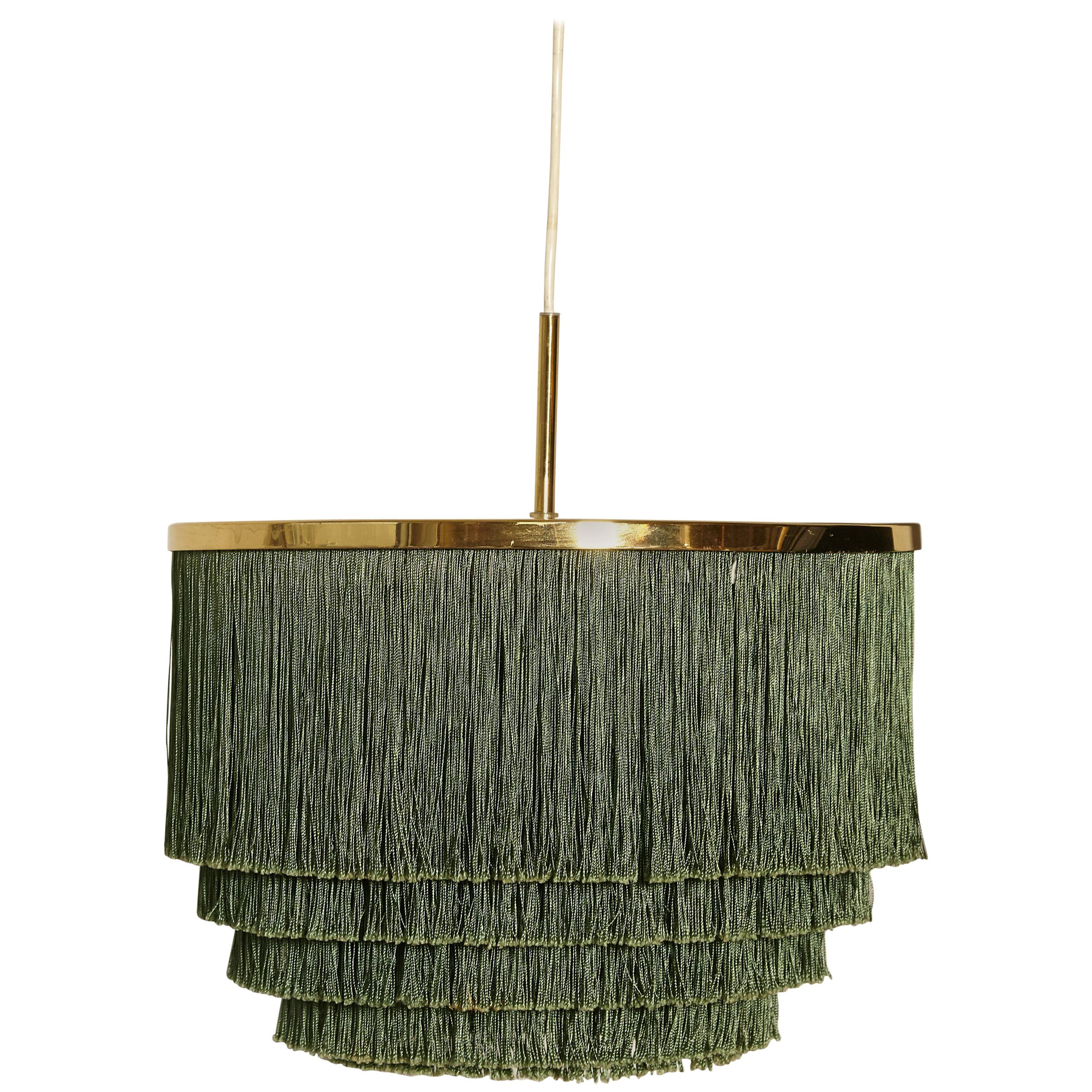 Hans-Agne Jakobsson Green and Brass Fringe Ceiling / Pendant Lamp, Sweden, 1960s