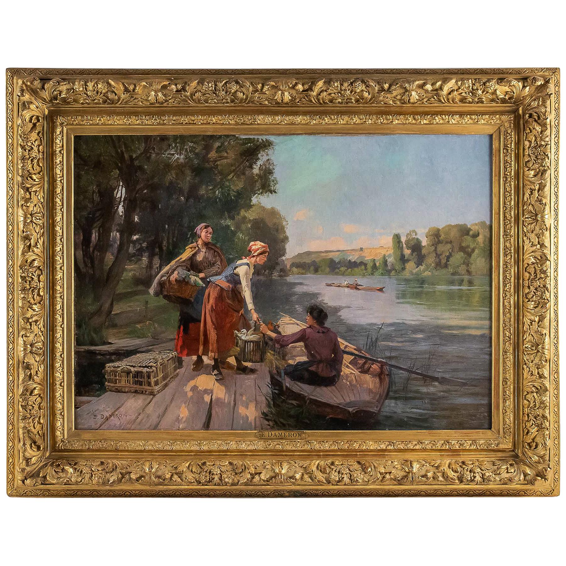 Dameron Emile-Charles Oil on Canvas, the Merchants on the River-Banks circa 1880