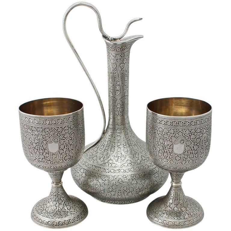 Indian Silver Claret Jug and Matching Goblets For Sale at 1stdibs