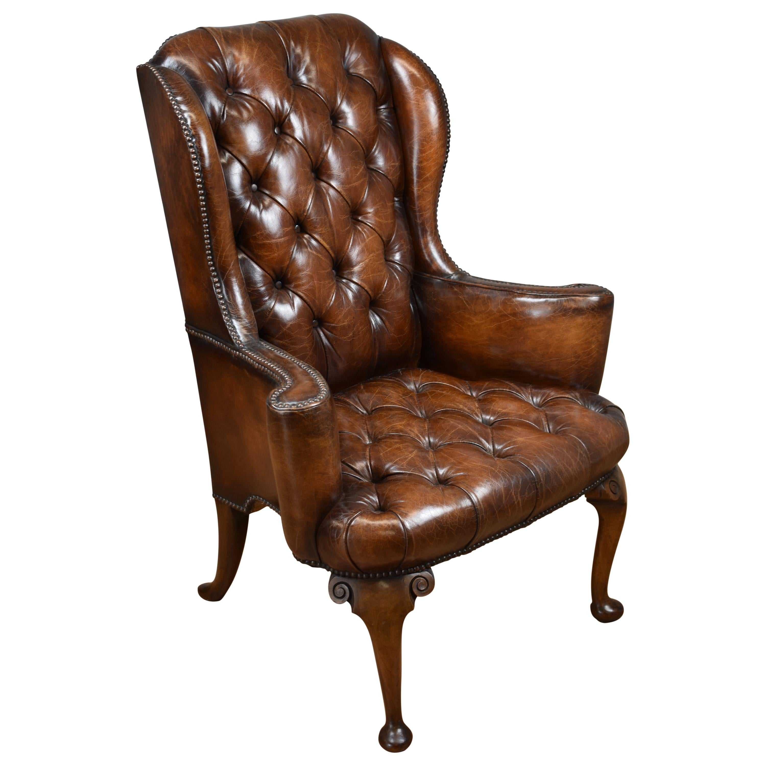 20th Century English Hand Dyed Distressed Brown Leather Wingback Armchair