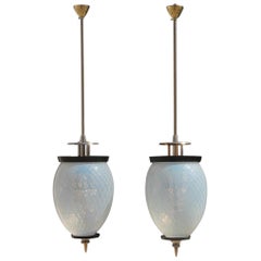 Pair of Oval Murano Seguso Glass Iridescent Ceiling Lanter Chandelier Midcentury