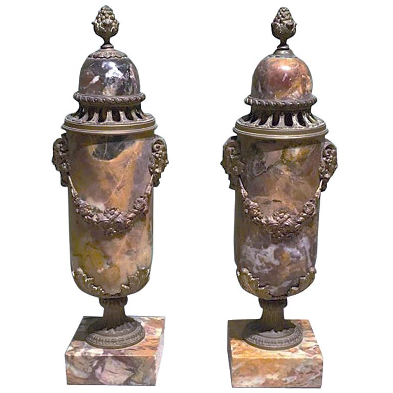 Pair of French Napoleon III Marble Lidded Vases with Ormolu Mountings For Sale