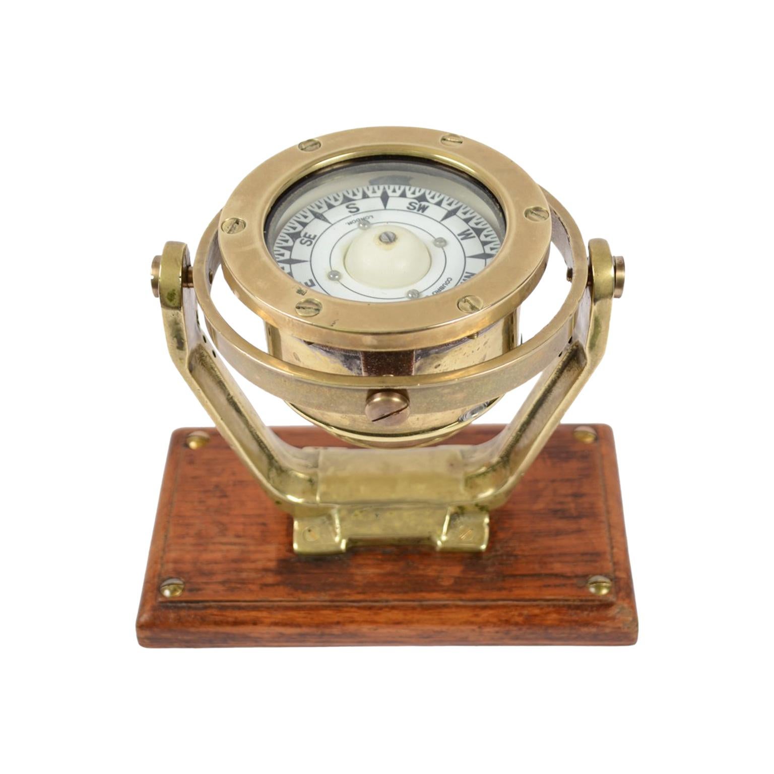 Brass and Glass Nautical Compass on Oak Wooden Board, London, 1860