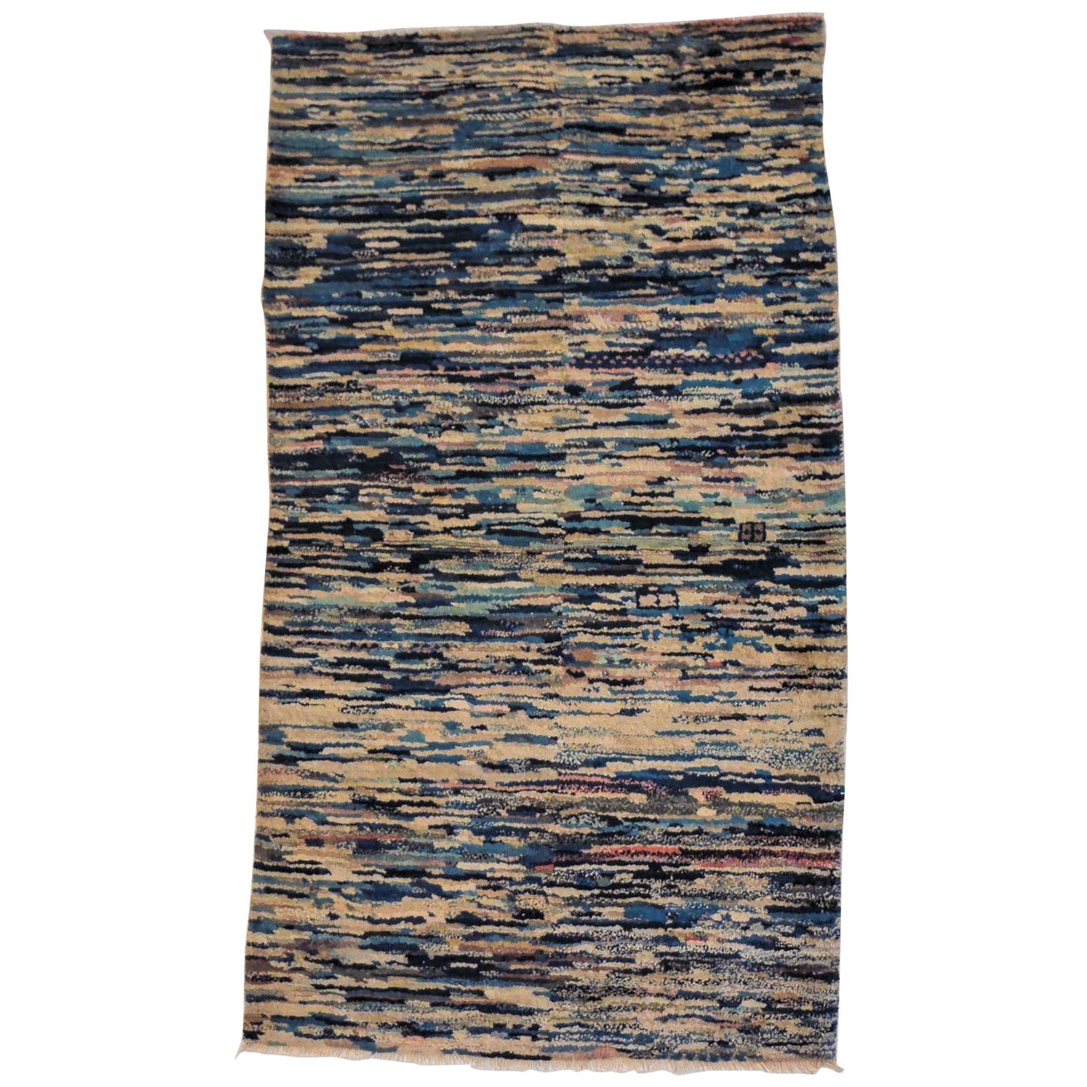 20th Century Blu White Multicolored Tibetan Yuran Rug Hand Knotted Wool, 1960s For Sale