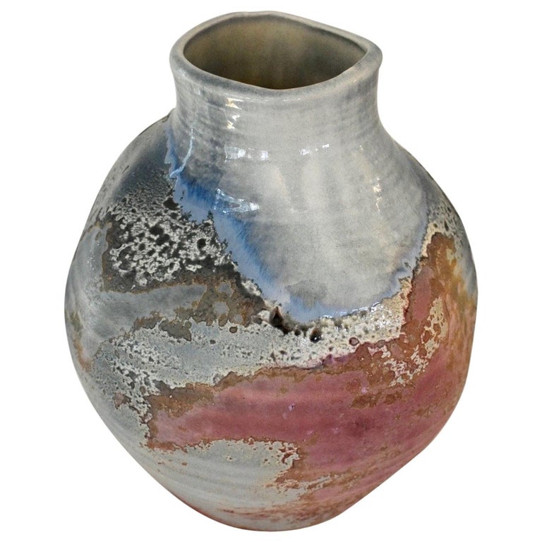 Large Raku Fired Abstract Pottery Vase By American Potter Tony