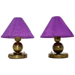 Art Deco Brass Vintage Table Lamps with Lilac Lamp Shade 1930s, France