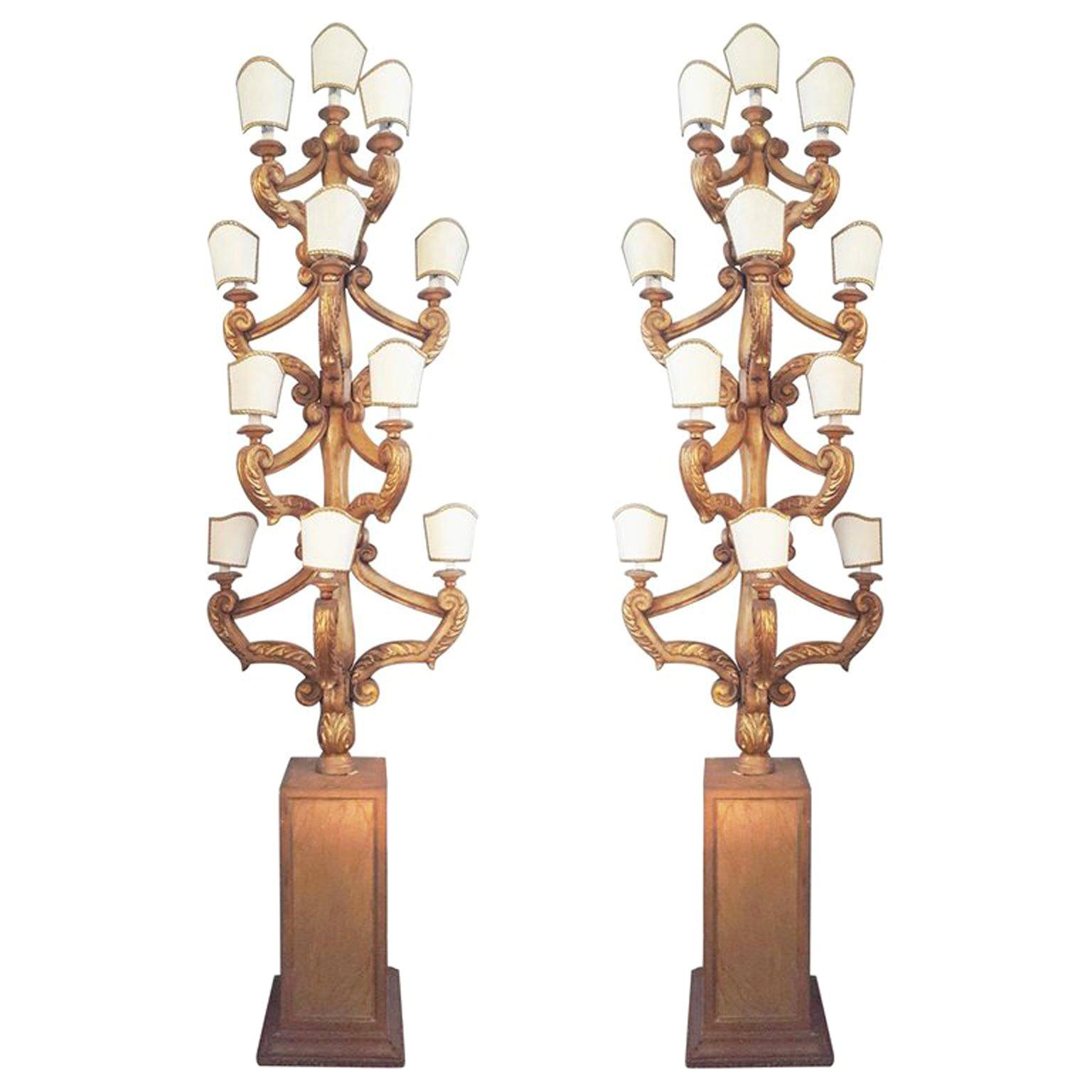 19th Century Italian Pair of Gilt Poplar Wood Eleven-Light Candelabra For Sale