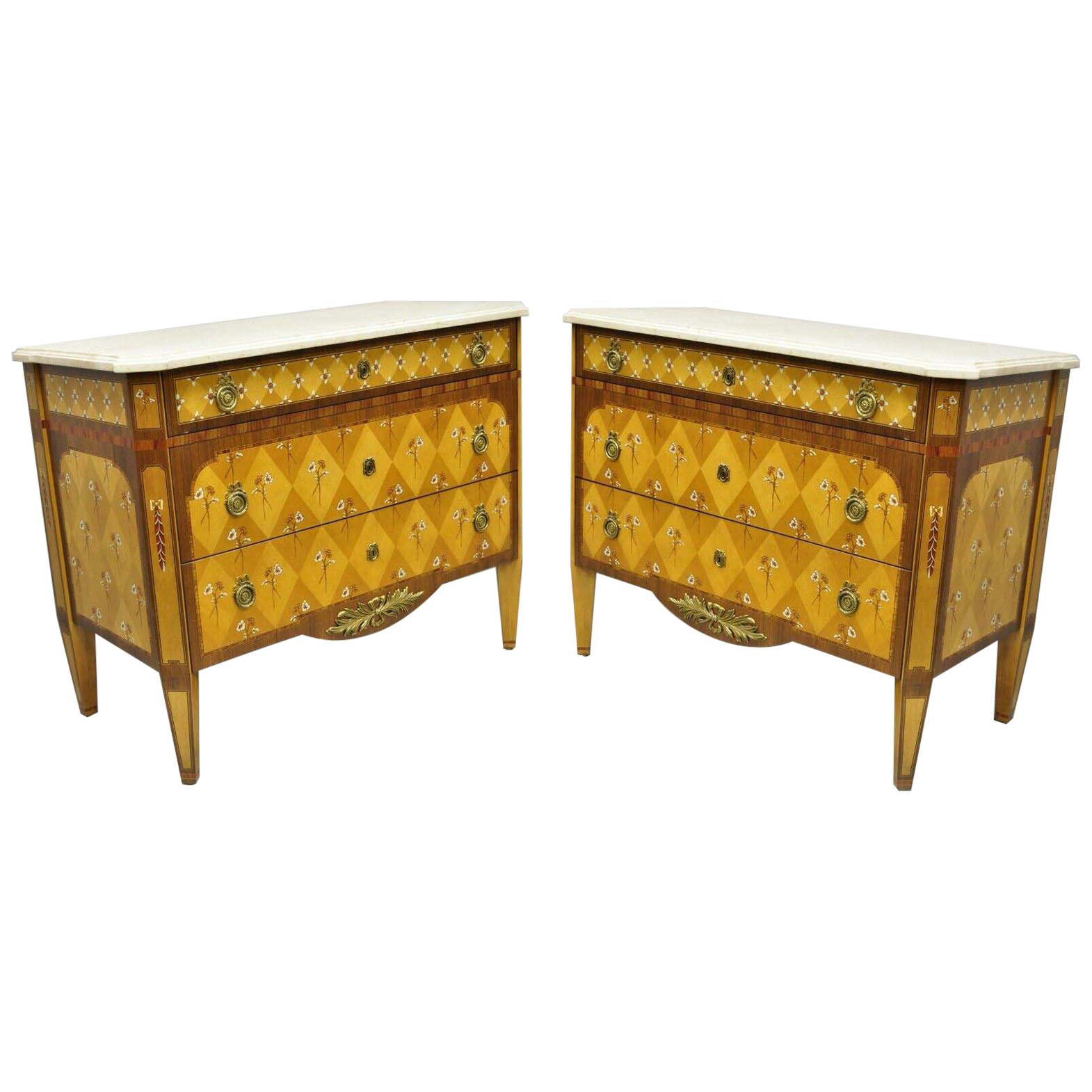 Pair Floral Painted Travertine Marble Top Commode Chest Dresser by E.J. Victor