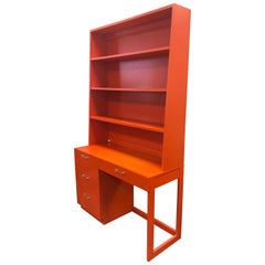 Mid-Century Modern Orange Lacquer Writing Desk Bookcase Secretary