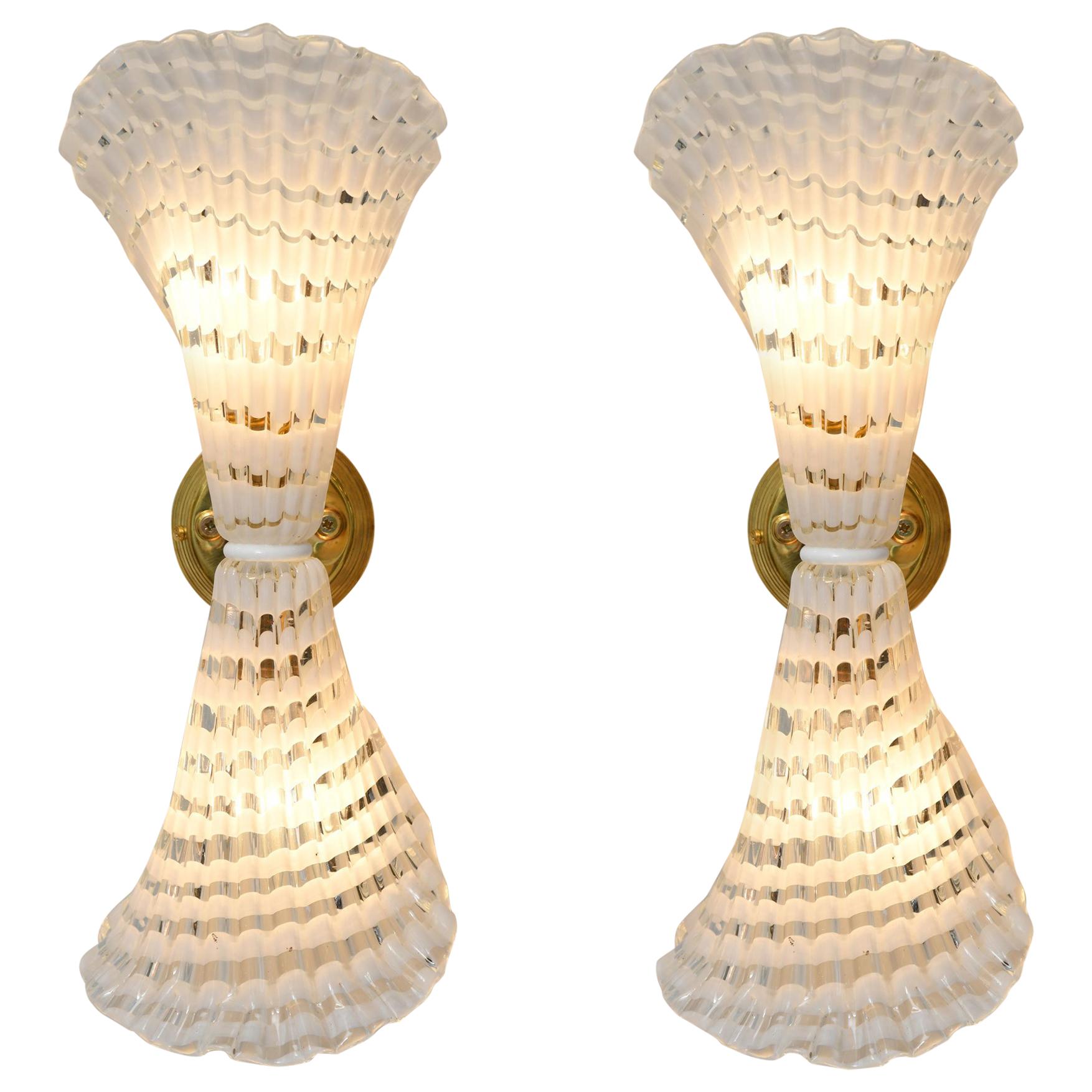 Pair of 1950s Murano Glass and Brass Striped Wall Lights