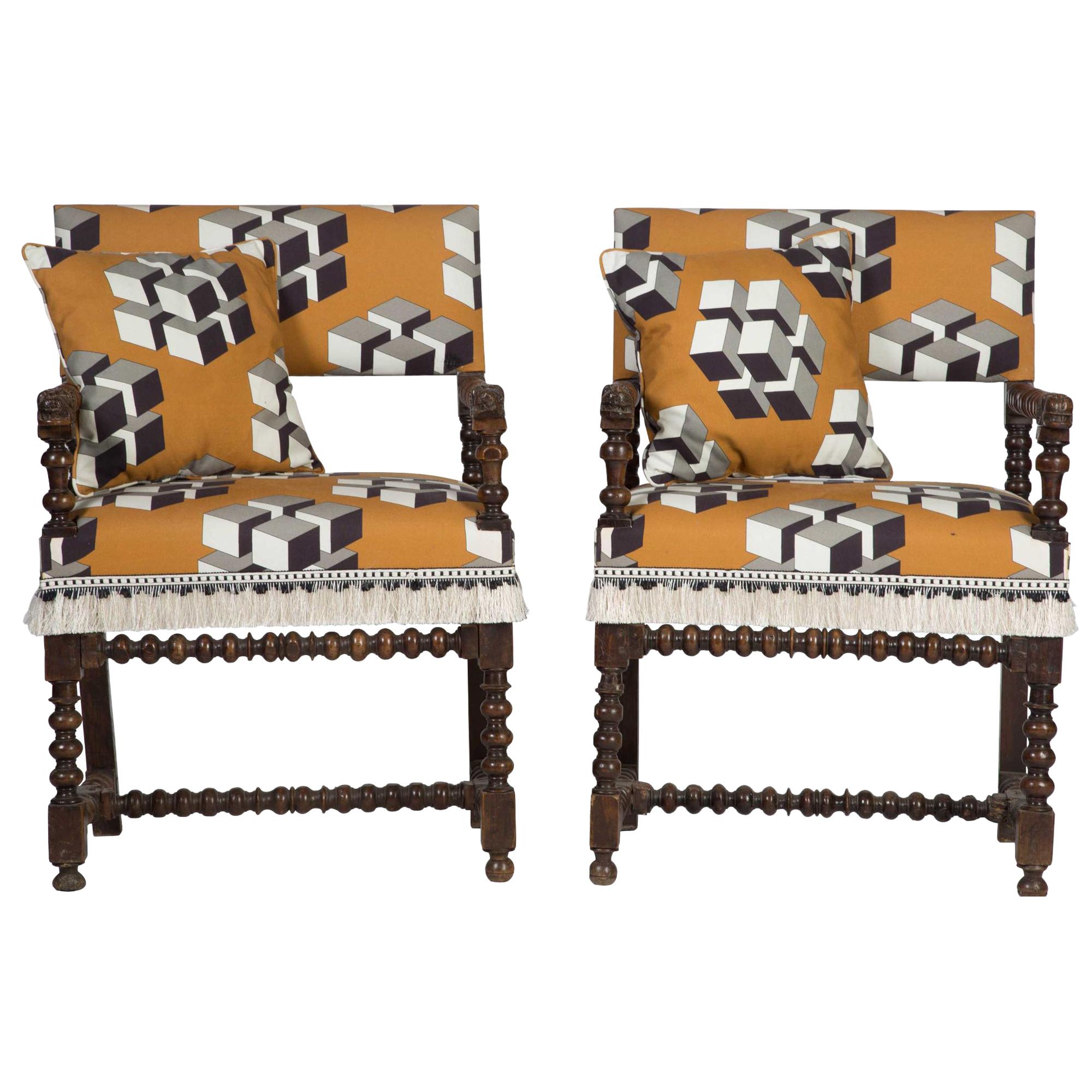 Pair of French Oak Carved Armchairs circa 1700, Later Reupholstered For Sale