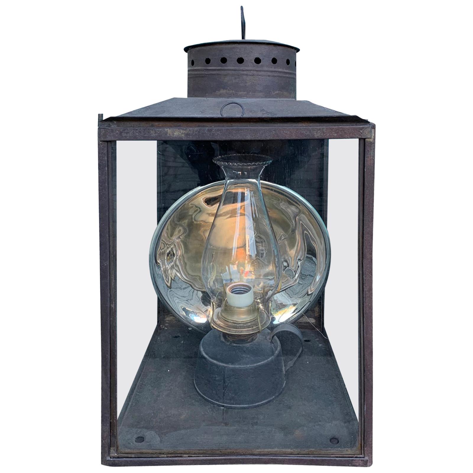 Large 19th Century American Tole Kerosene Lantern with Mercury Glass Reflector