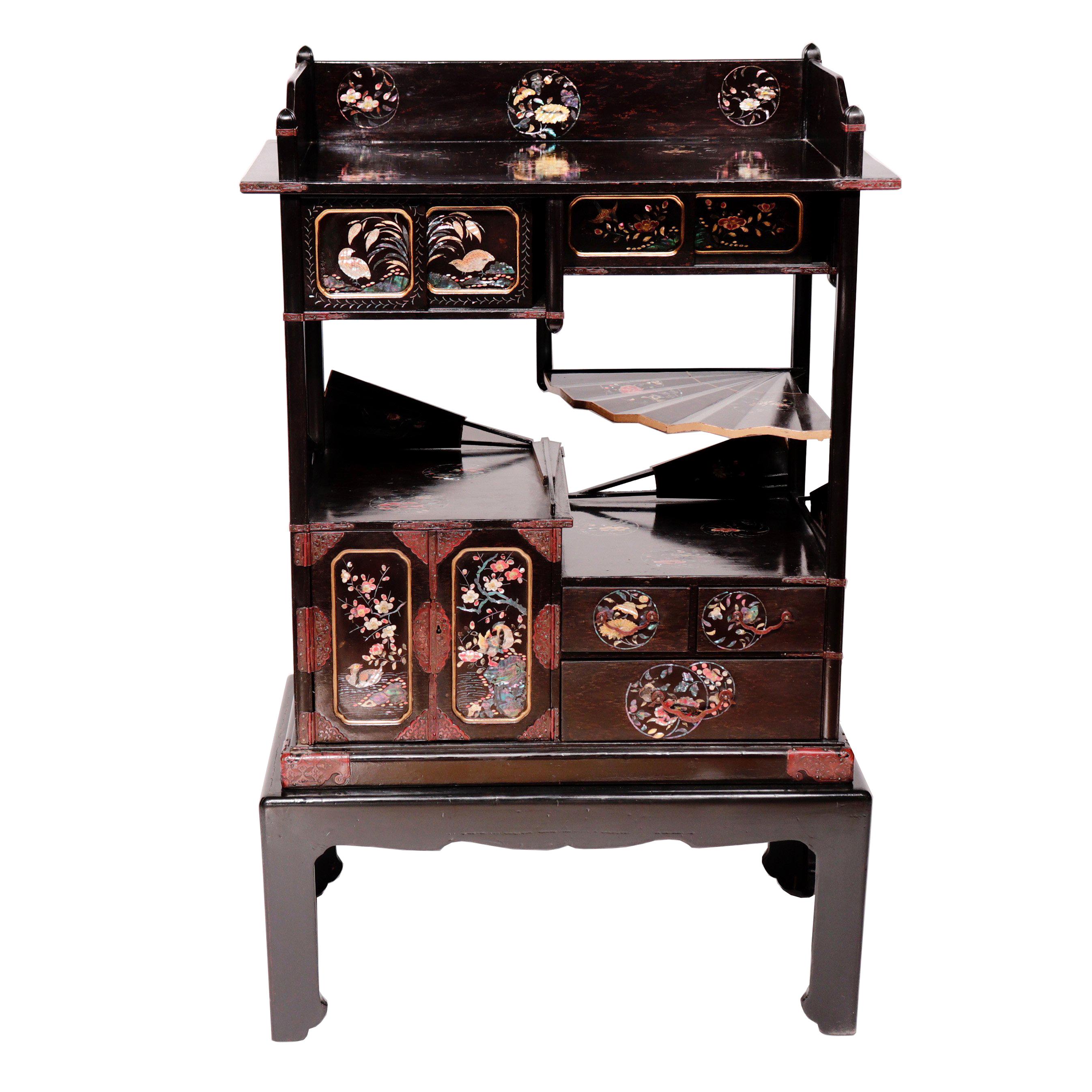Japanese Nagasaki Lacquer and Mother-of-Pearl Inlay Display Cabinet For Sale