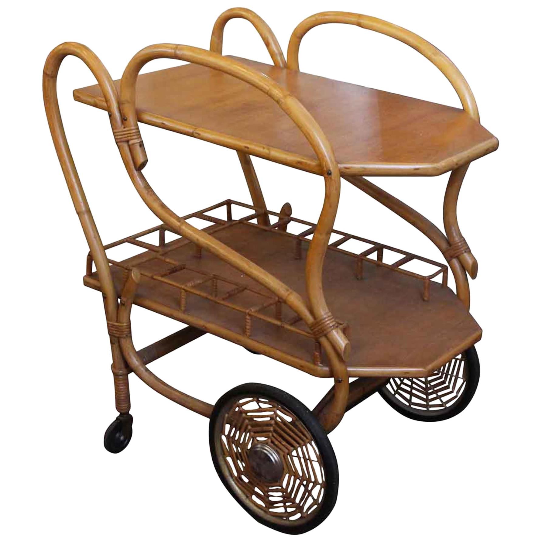 1951 Halle Bros. Mid-Century Modern Bamboo Tea or Bar Cart with Spider Wheels