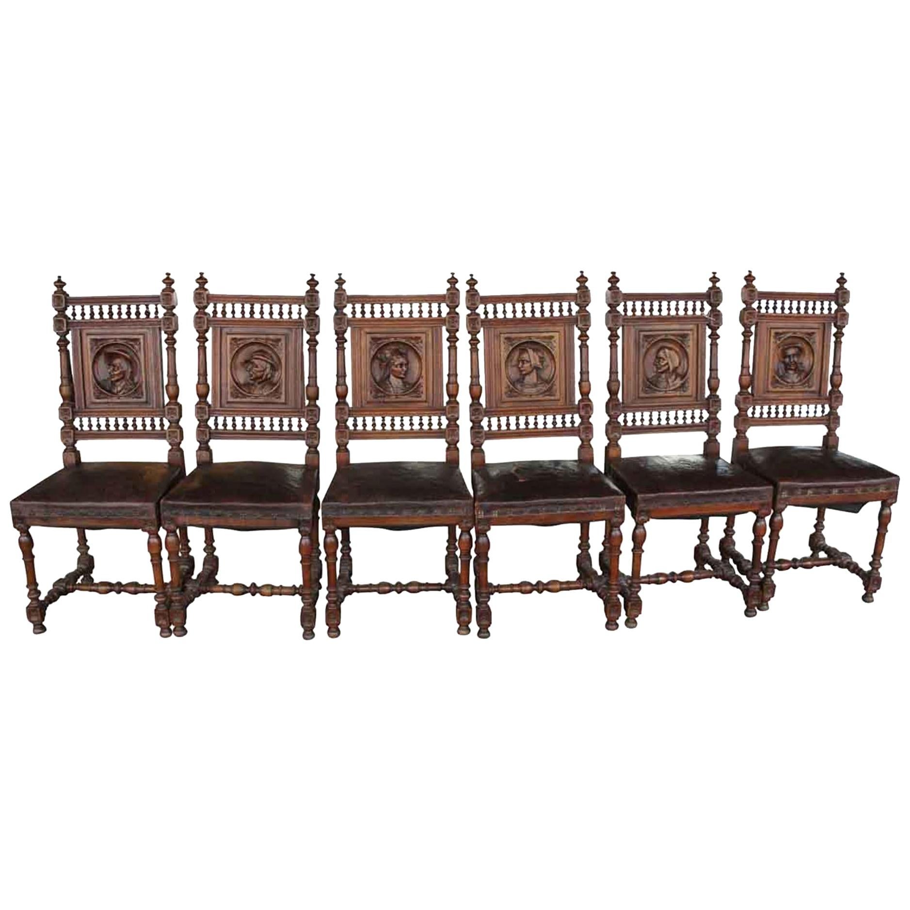 1880s Set of Six Renaissance Carved English Oak and Leather Dining Chairs