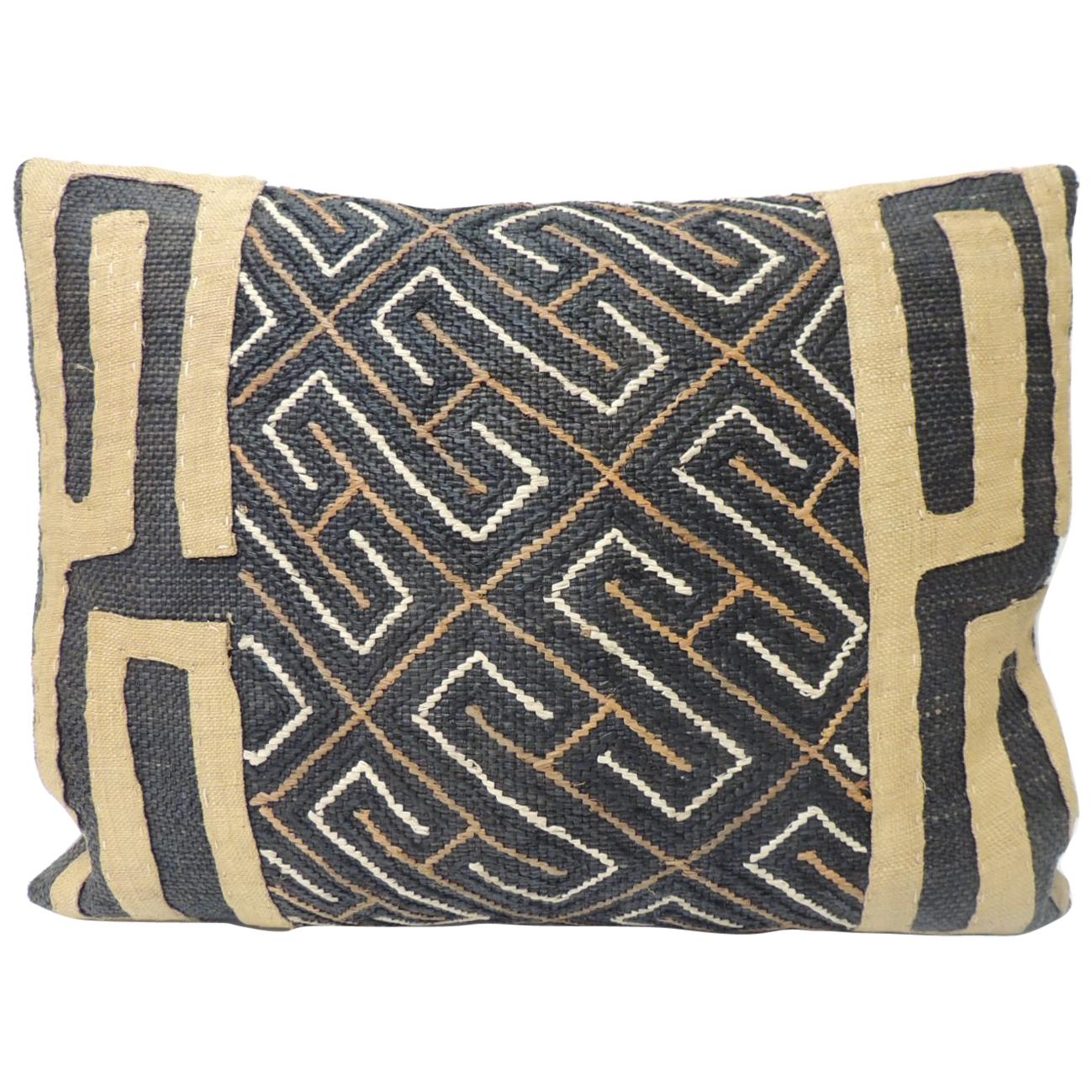 Vintage Yellow and Black African Kuba Embroidered Decorative Bolster Pillow