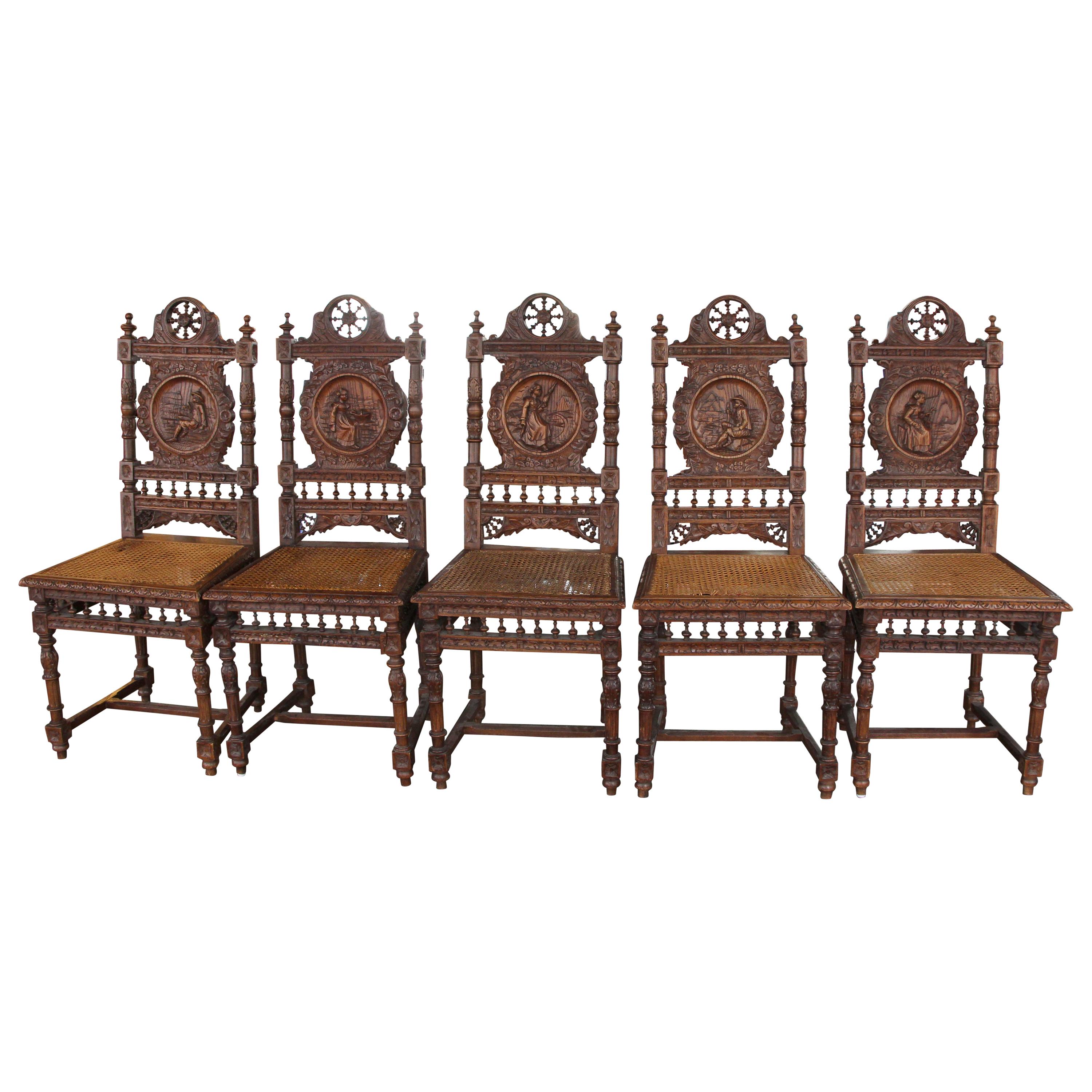 1910s Set of Five Antique English Renaissance Carved Wood & Wicker Chairs