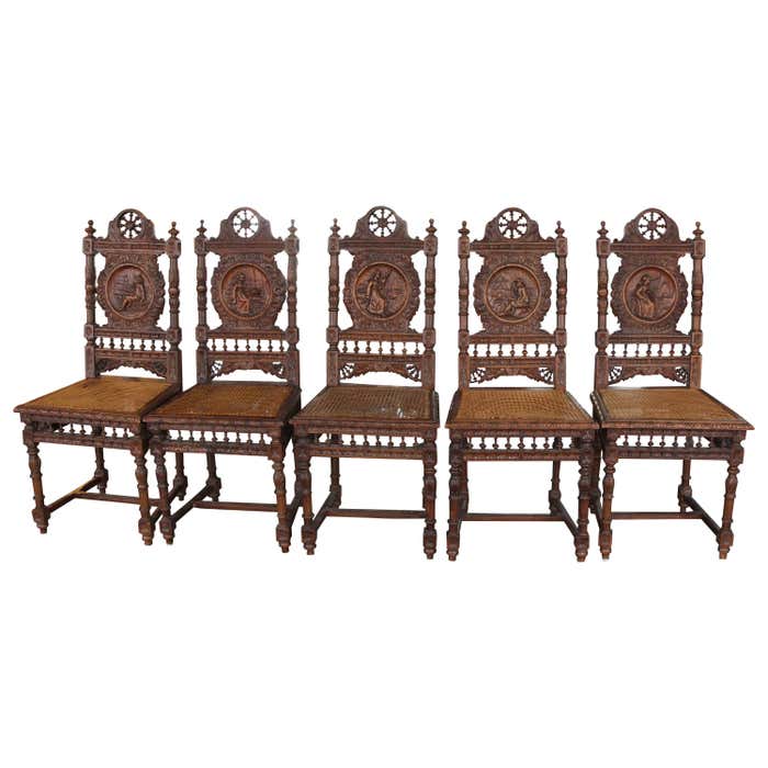 1910s Set of Five Antique English Renaissance Carved Wood and Wicker ...