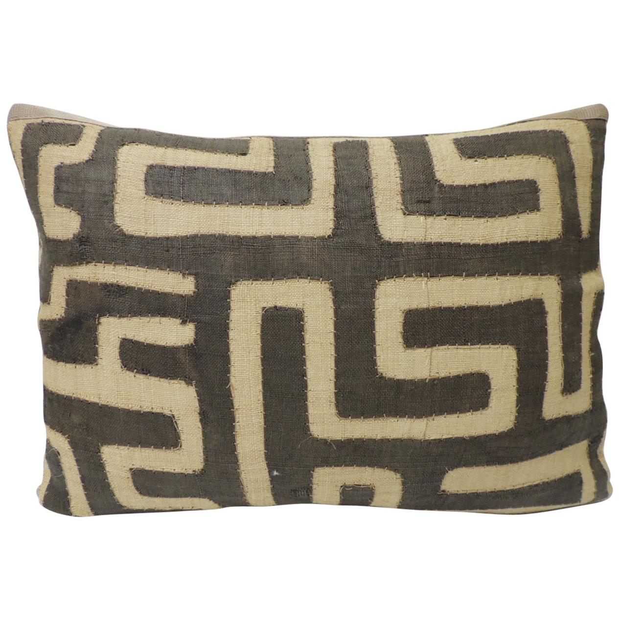 Vintage Tan and Brown African Artisanal Kuba Raffia Decorative Bolster Pillow