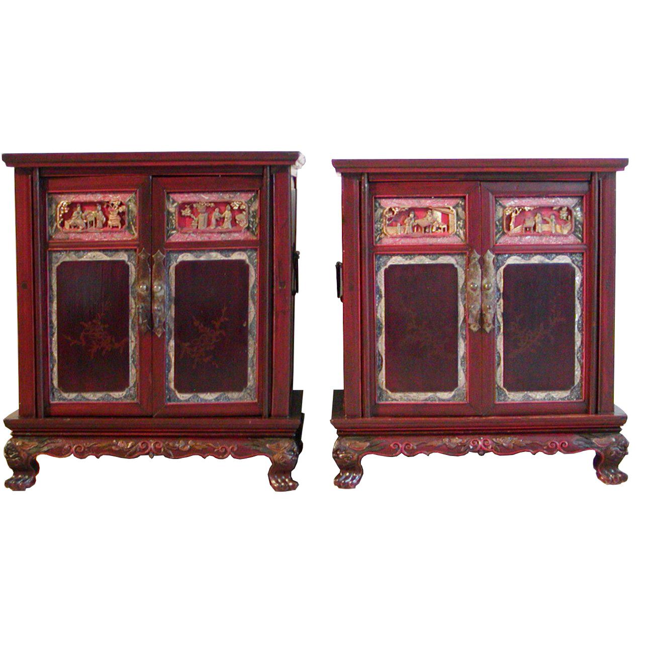 Pair of Lacquered Chinese Bedside Cabinets For Sale
