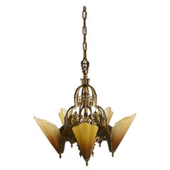 Art Deco Brass 5-Shade Slip Shade Chandelier