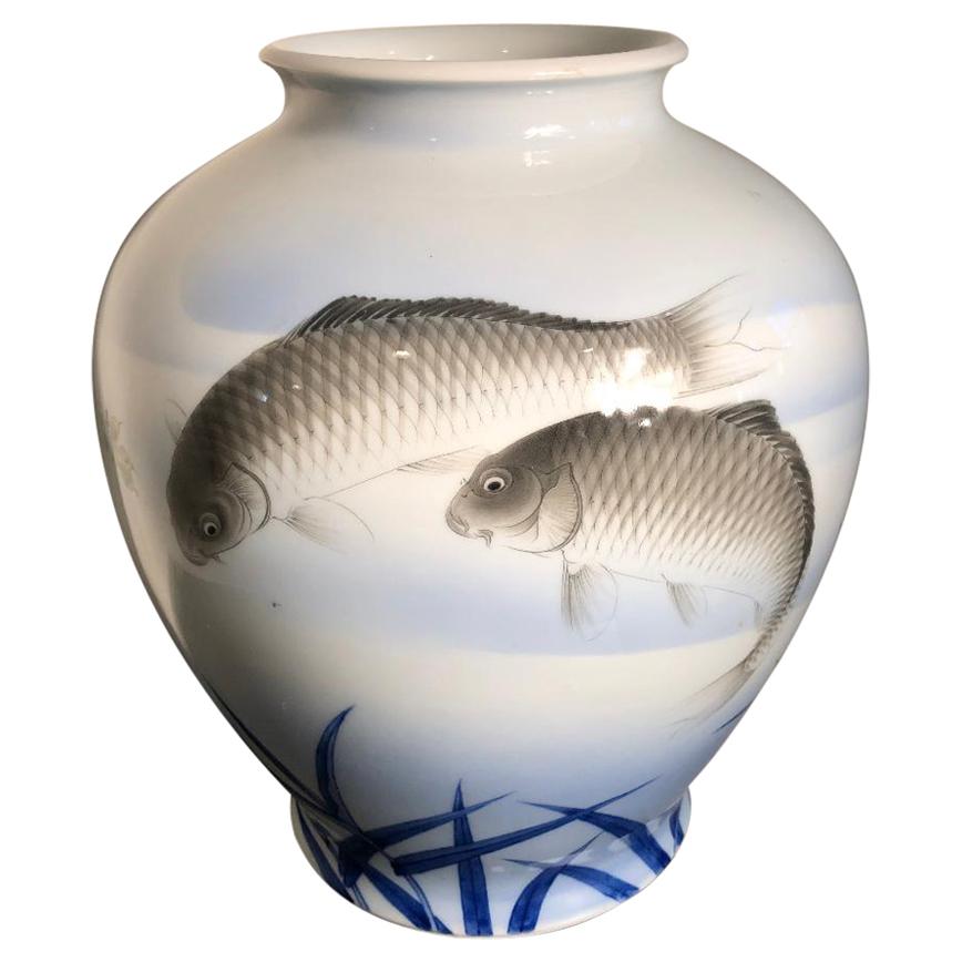 Japanese Antique Koi and Bamboo Vase Hand Painted, Early 20th Century
