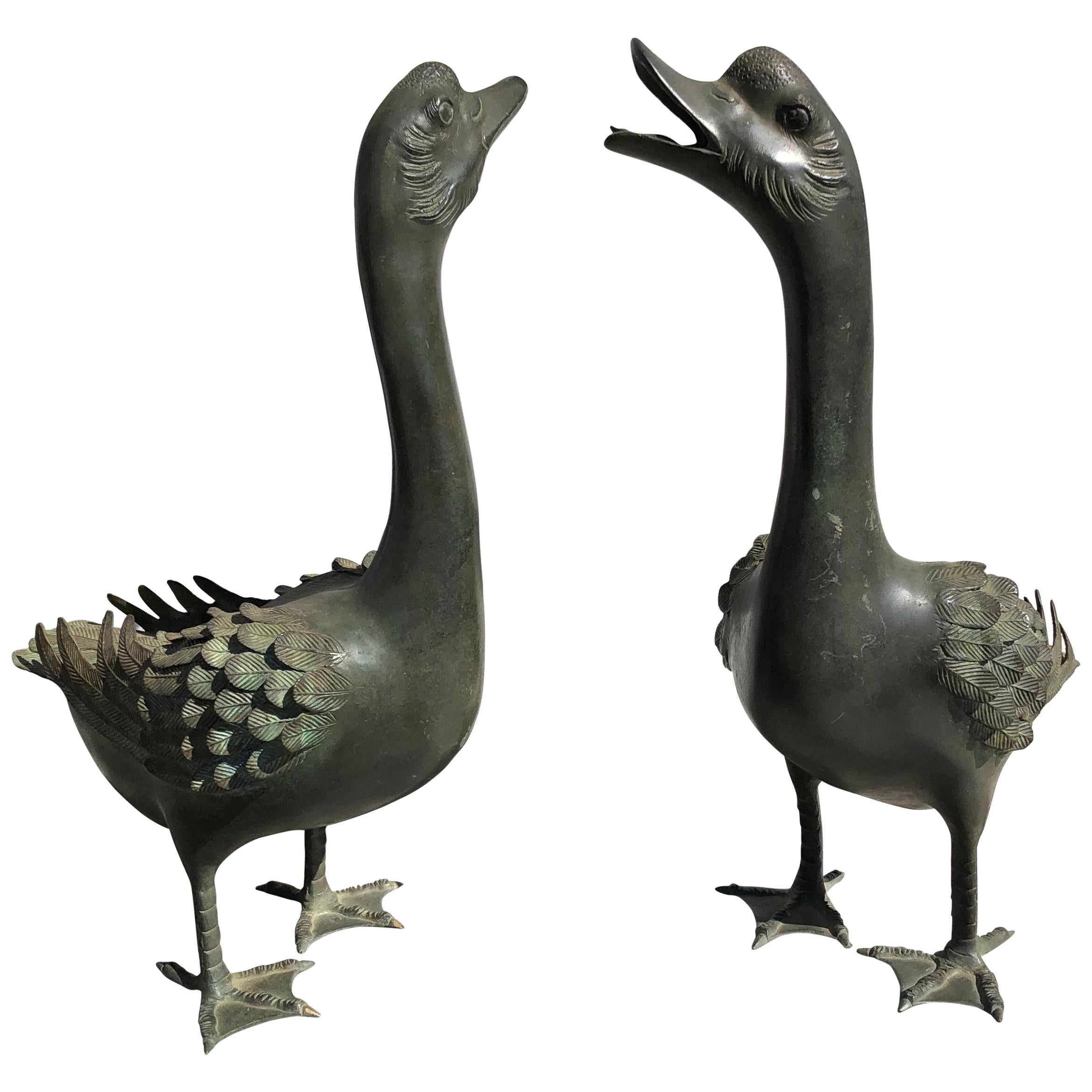 Japan Antique Large Hand Cast Pair Bronze Garden Ducks, Beautiful Details