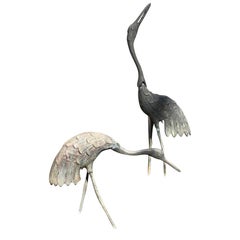 Japan Pair of Hand Cast Bronze Cranes Beautiful Head and Feather Details
