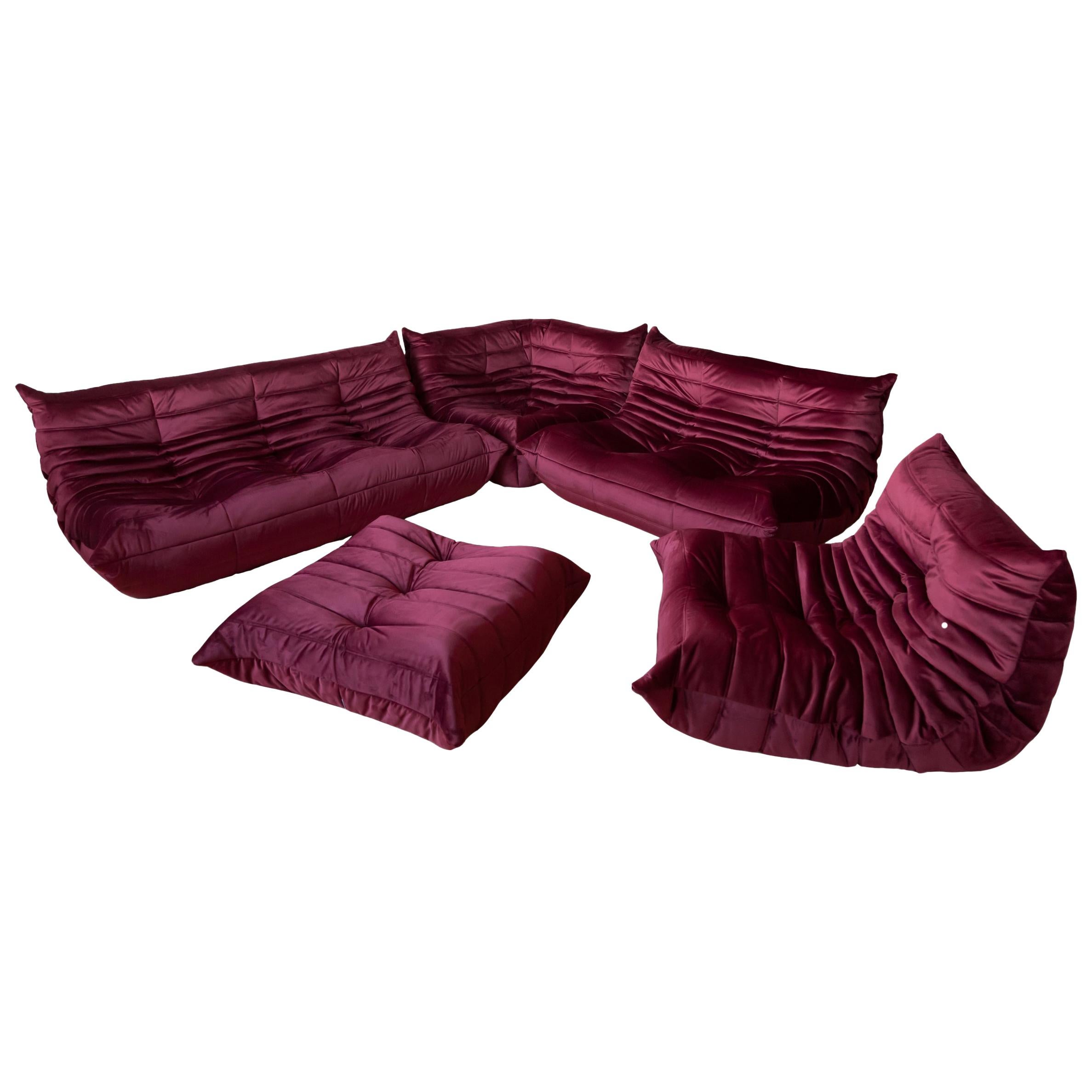 Burgundy Velvet Togo Sofa Set by Michel Ducaroy for Ligne Roset, Set of 5 For Sale