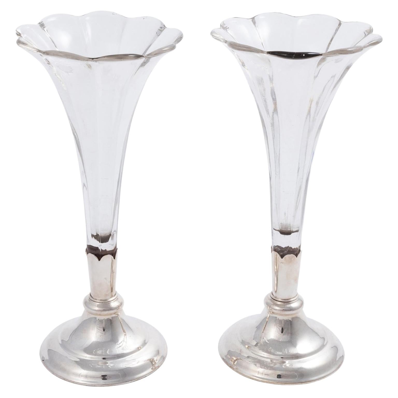 Pair of English Silver Plate Vases, circa 1930s For Sale
